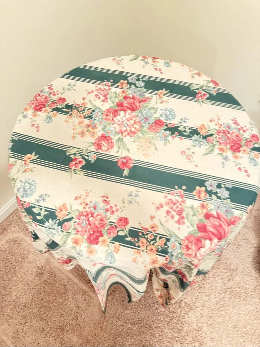 Floral Stripe Round Tablecloth in Green and Pink by Croscill ( Granada print )